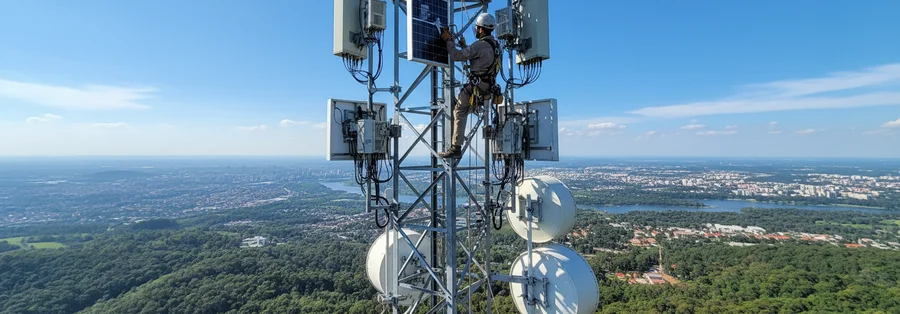 A telecommunications technician working on network equipment