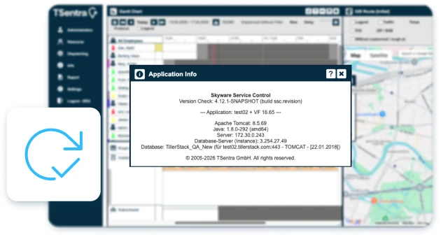 A TSentra dashboard showing an application version and update information