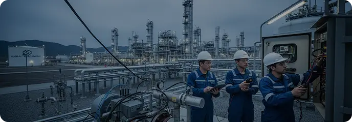 Technicians inspecting pipework at a processing plant