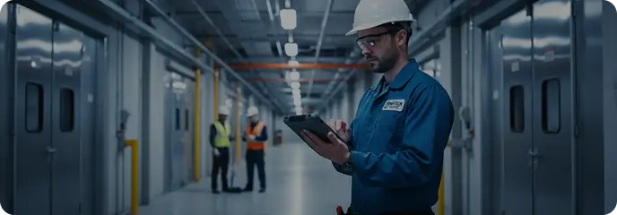 A technician reviewing work orders on a tablet inside a facility