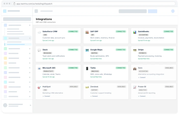 TSentra project platform integrations screen
