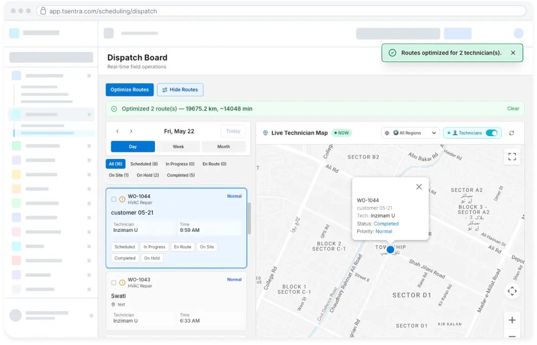 TSentra Dispatch board showing a Gantt chart, map, and order list side by side